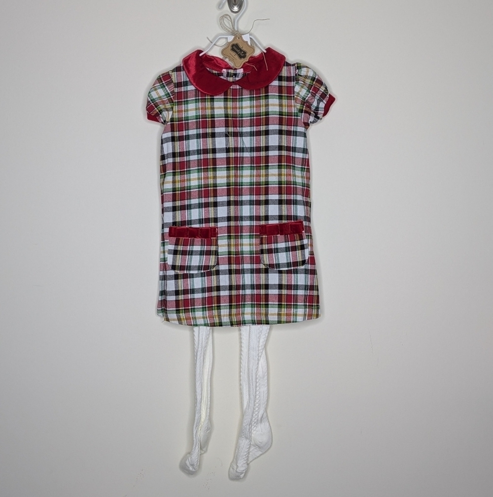 NWT Mud Pie Plaid Dress With Tights 2T